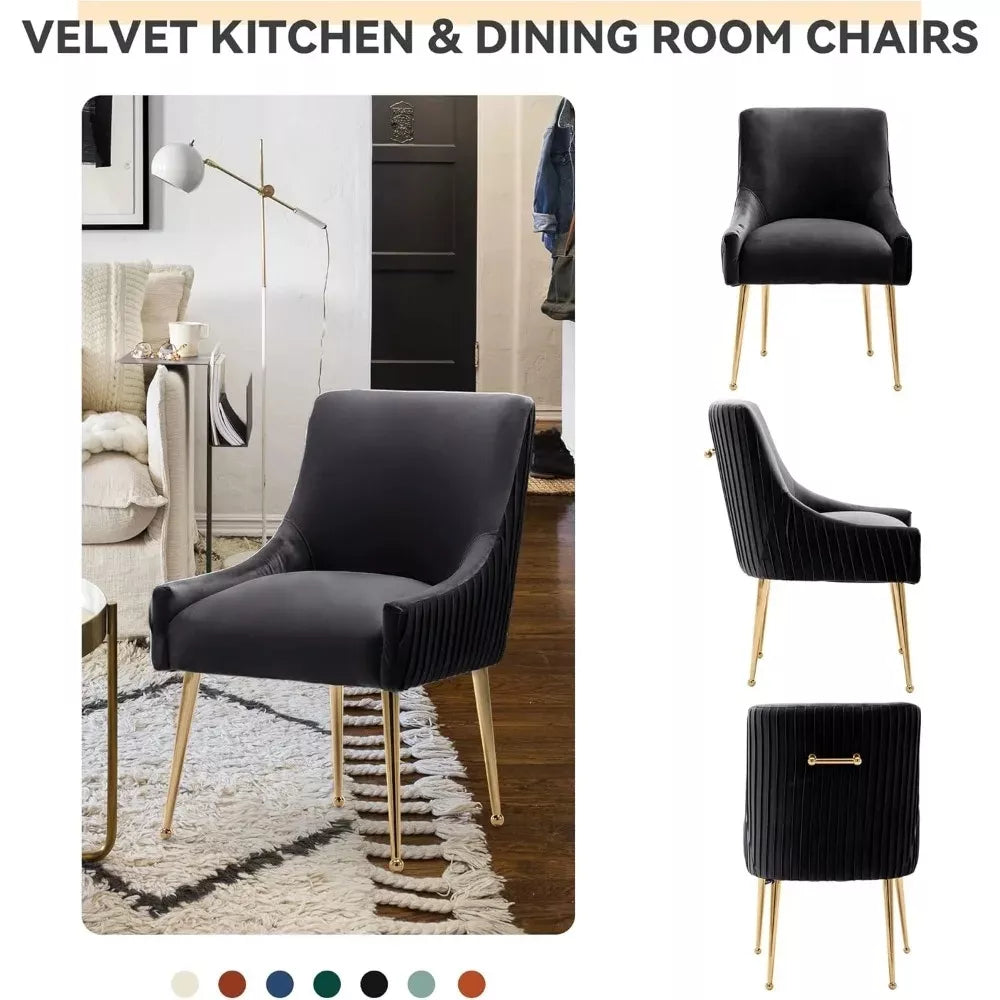 Modern Velvet Dining Chair Set of 2 with Gold Legs, Tufted Upholstered Living Room Chairs - DSARD