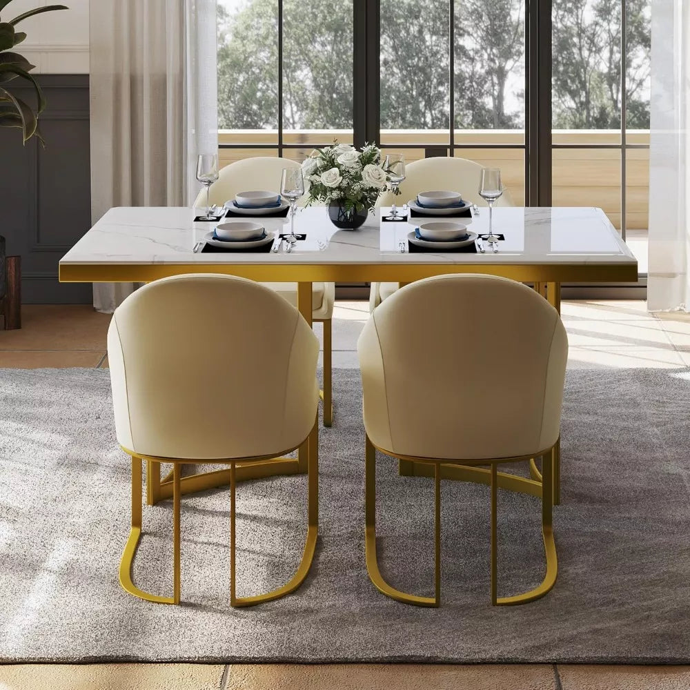 Luxury White Marble Dining Table for 6 with Gold Trestle Pedestal - DSARD