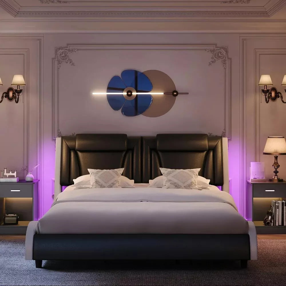 Queen Size LED Bed Frame with PU Leather Upholstered Platform and Adjustable Headboard - DSARD