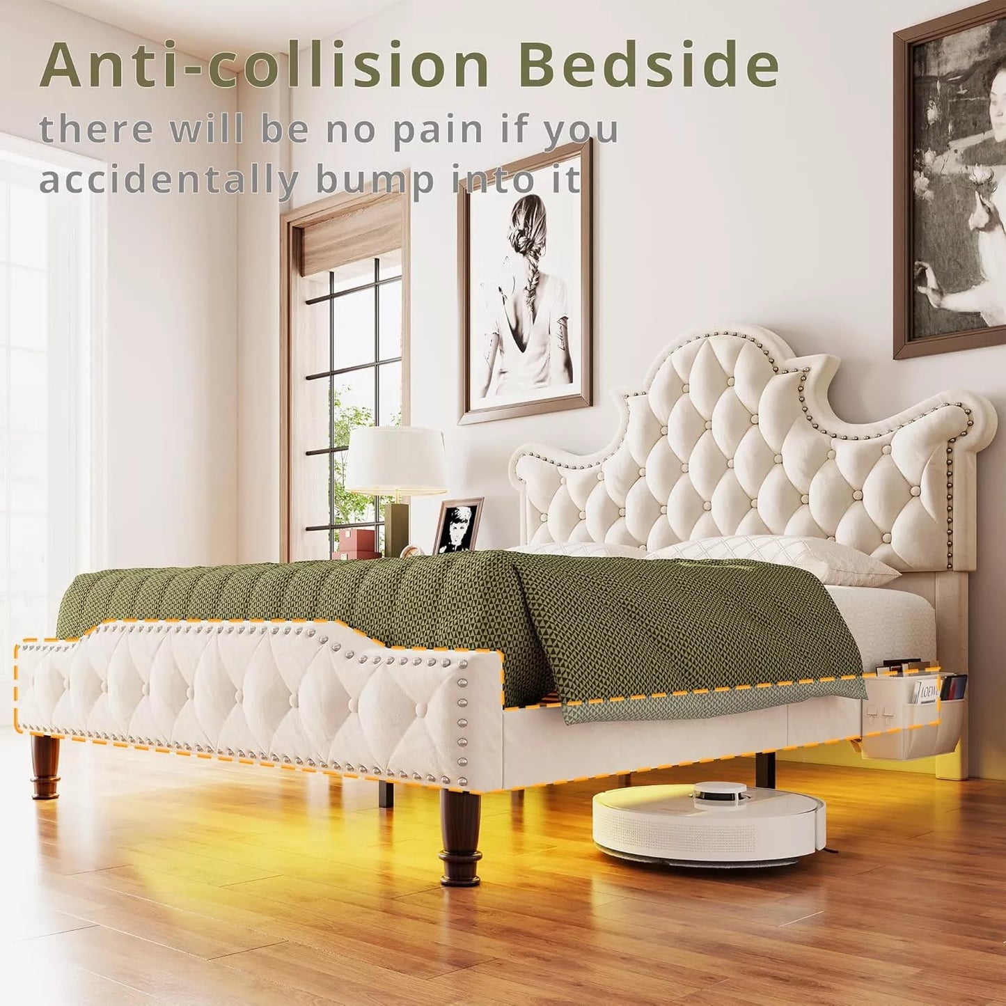 Queen Size LED Bed Frame with Tall Tufted Headboard - DSARD