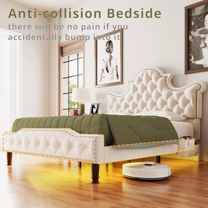 Queen Size LED Bed Frame with Tall Tufted Headboard - DSARD