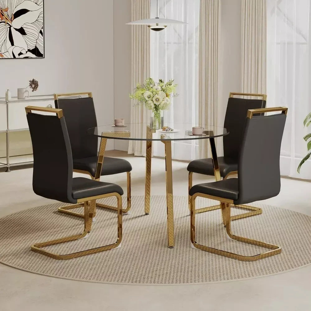 42” Round Glass Dining Table Set for 4 with Black PU Leather Chairs - DSARD - DSARD
