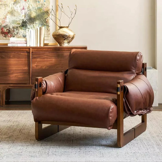 Vintage Solid Wood Lounge Chair with Retro Leather & Deep Cushioned Seat - DSARD