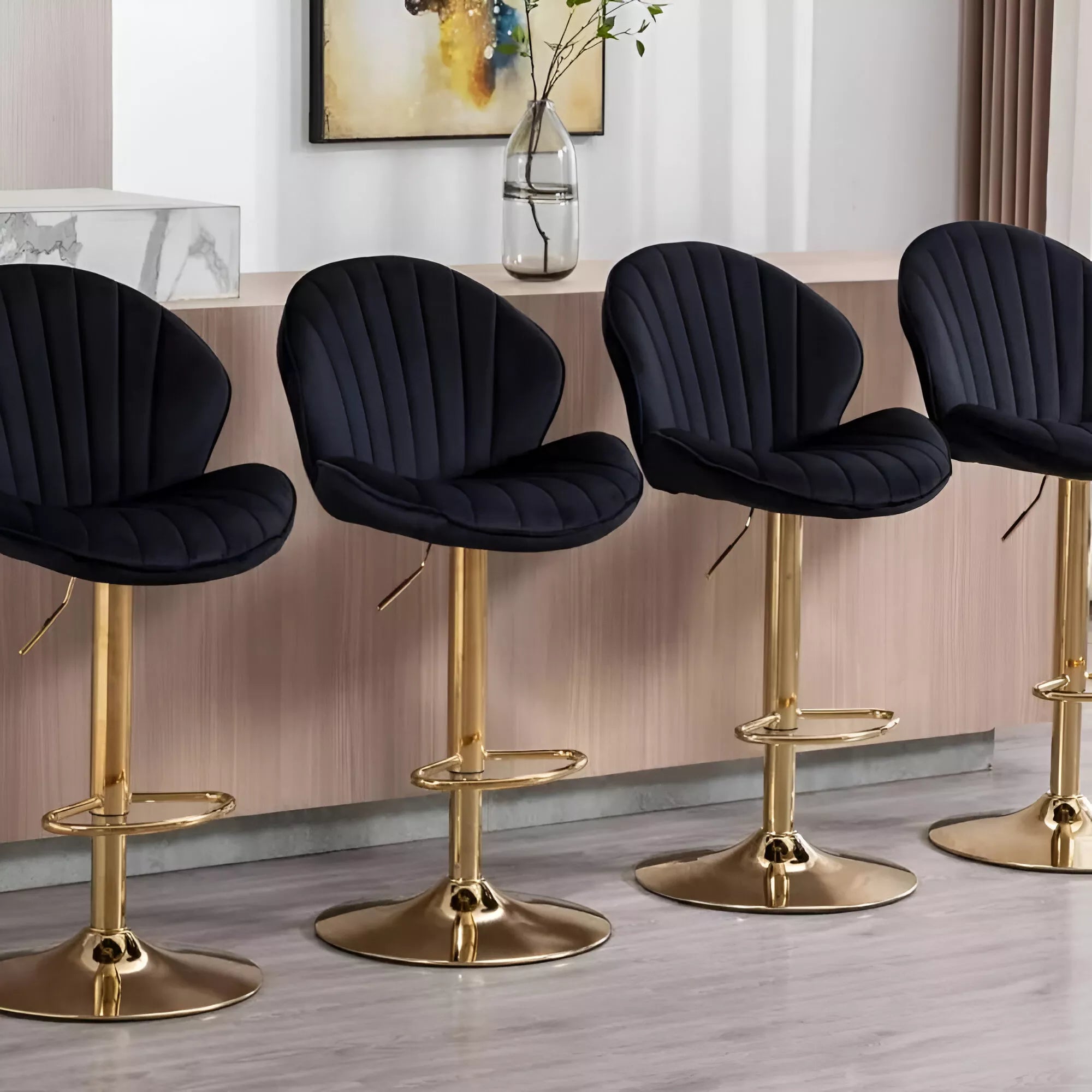 Modern Counter Height Swivel Bar Stools Set of 4 with Gold Base and Upholstered Back - DSARD