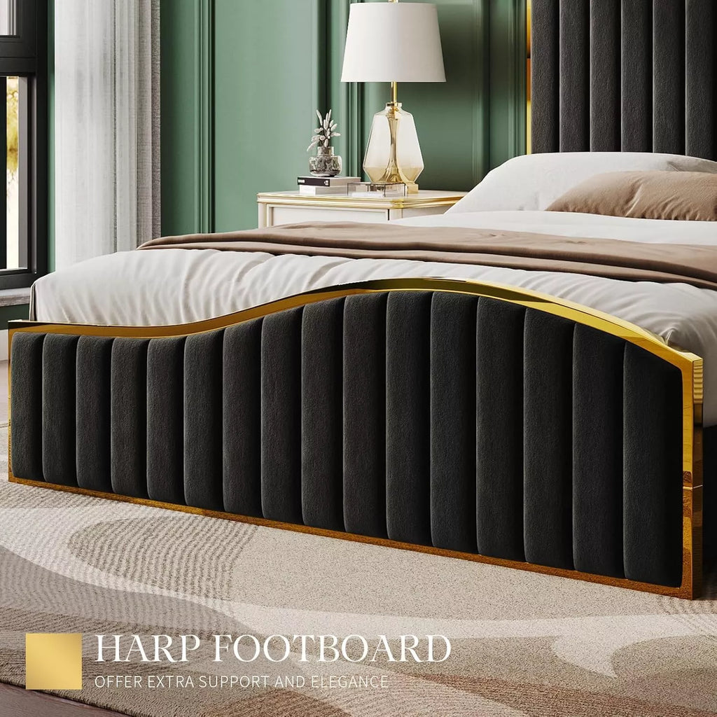 Luxury Queen Bed Frame with 61.4″ Tufted Velvet Headboard & Gold Trim - DSARD