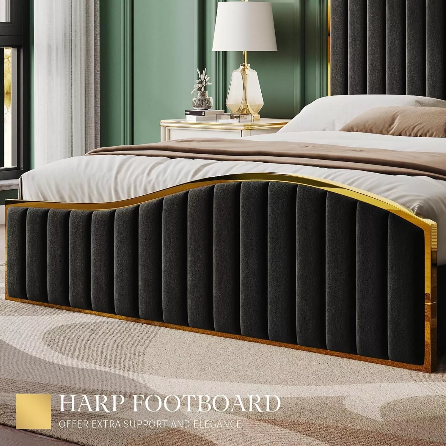 Luxury Queen Bed Frame with 61.4″ Tufted Velvet Headboard & Gold Trim - DSARD