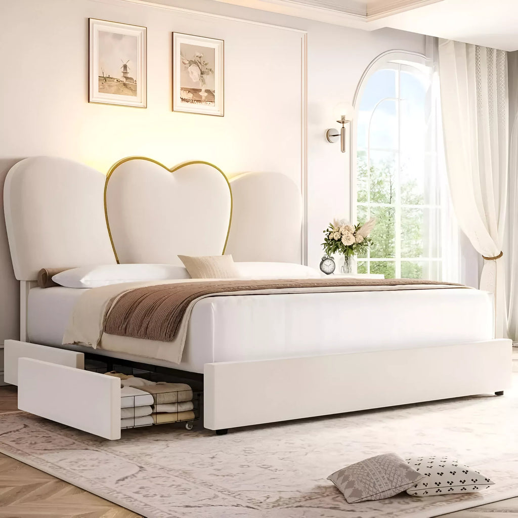 Queen Velvet Upholstered LED Bed Frame with 4 Drawers & Heart Shaped Headboard - DSARD