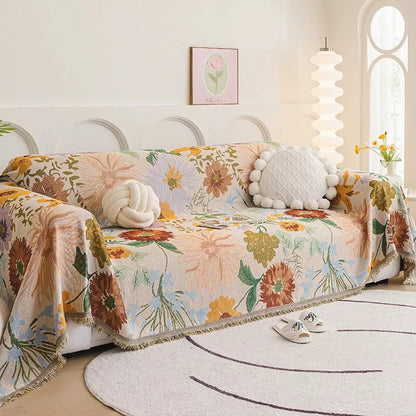 Boho Chenille Floral Sofa Throw Blanket with Tassels – All-Inclusive Anti-Scratch Cover