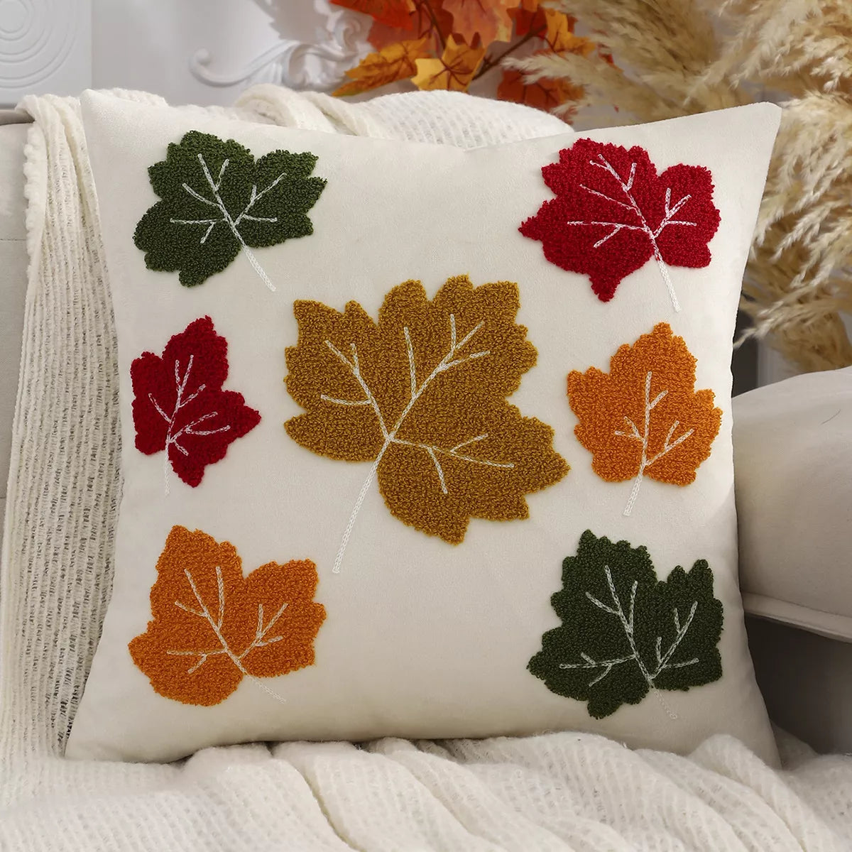 Velvet Fall Pillow Cover with Embroidered Maple Leaf & Pumpkin Design