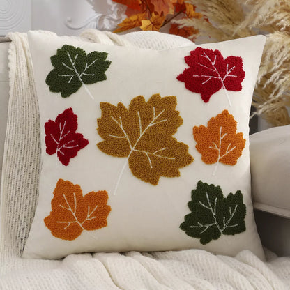 Velvet Fall Pillow Cover with Embroidered Maple Leaf & Pumpkin Design