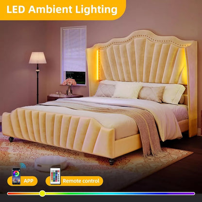 King Size Velvet Platform Bed Frame with 60″ Tall Headboard & LED Lights - DSARD