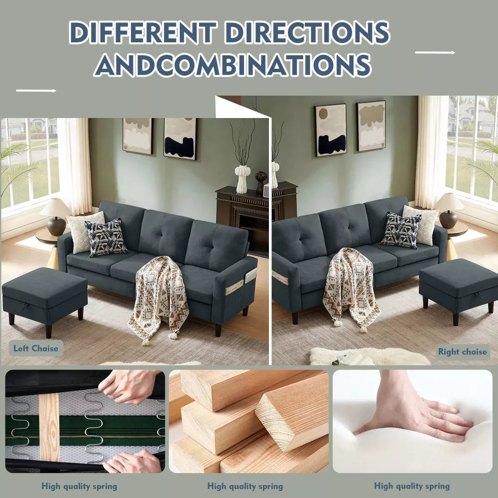 Modern 79″ L-Shaped Convertible Sectional Sofa with Storage Chaise, Linen Fabric - DSARD