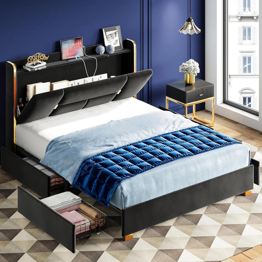 Upholstered Bed Frame with Charging Station and Storage Drawers - DSARD