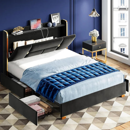 Upholstered Bed Frame with Charging Station and Storage Drawers - DSARD