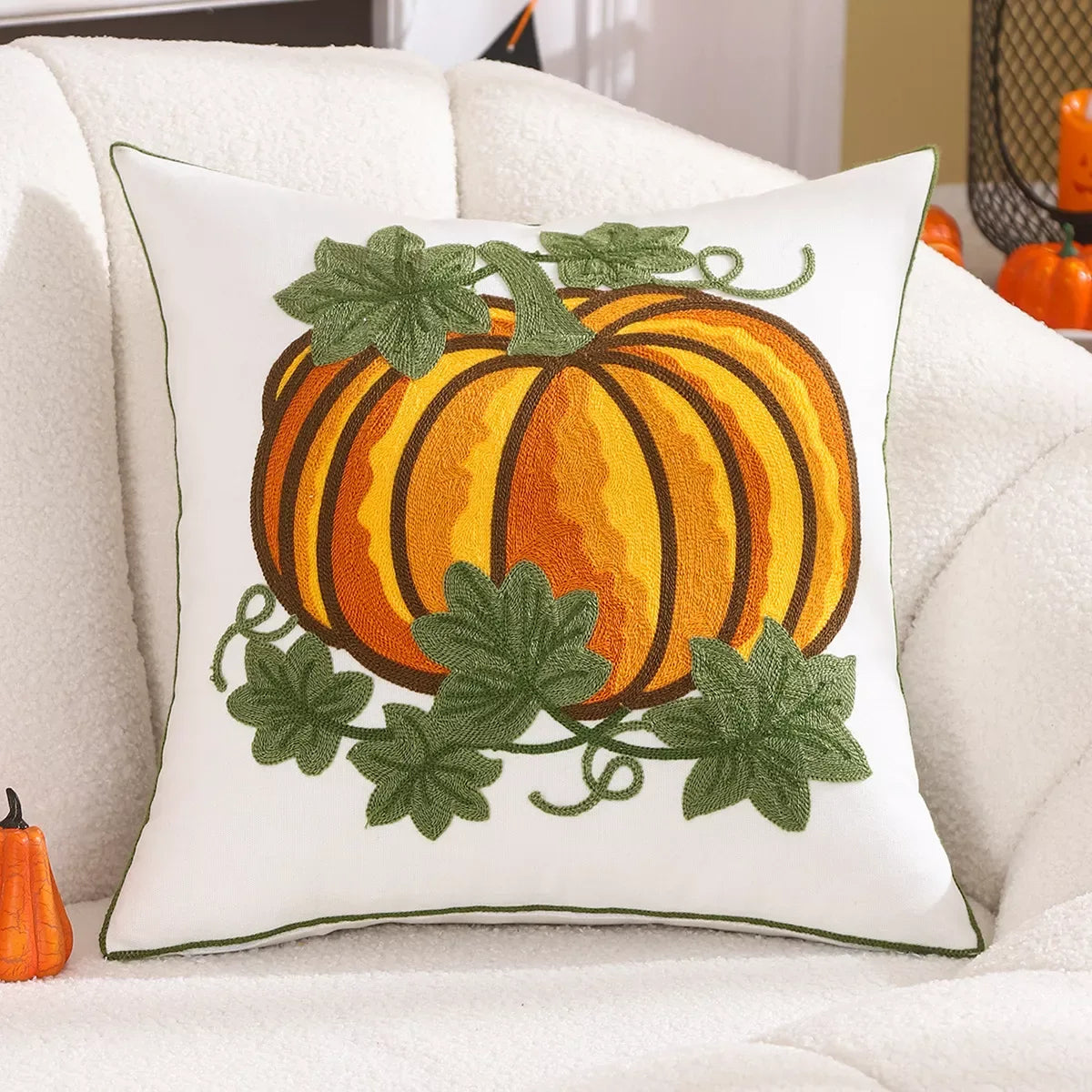 45x45cm Pumpkin Embroidered Cotton Pillow Cover – Cozy Fall Décor - DSARD