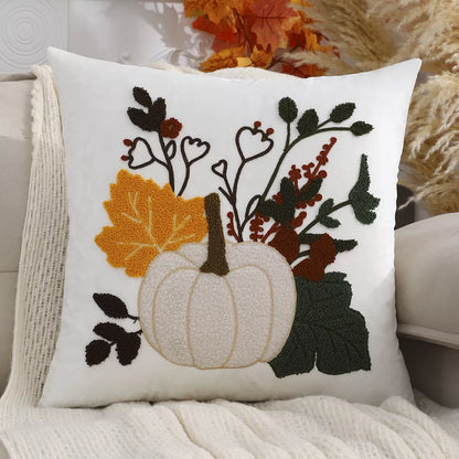 Velvet Fall Pillow Cover with Embroidered Maple Leaf & Pumpkin Design