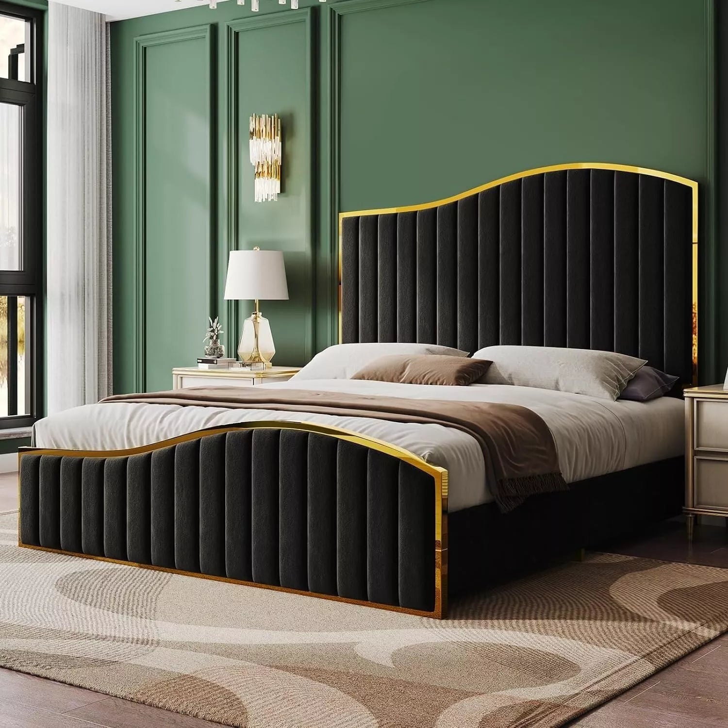 Luxury Queen Bed Frame with 61.4″ Tufted Velvet Headboard & Gold Trim - DSARD