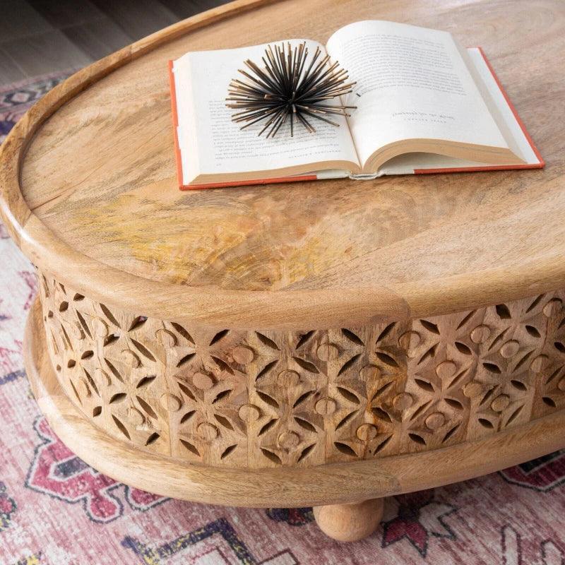 Boho Chic Oval Hand Carved Wood Coffee Table - DSARD - DSARD