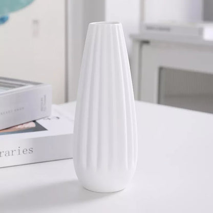 White Ceramic Stripe Textured Flower Vase