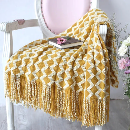 Knitted Zigzag Throw Blanket with Tassels