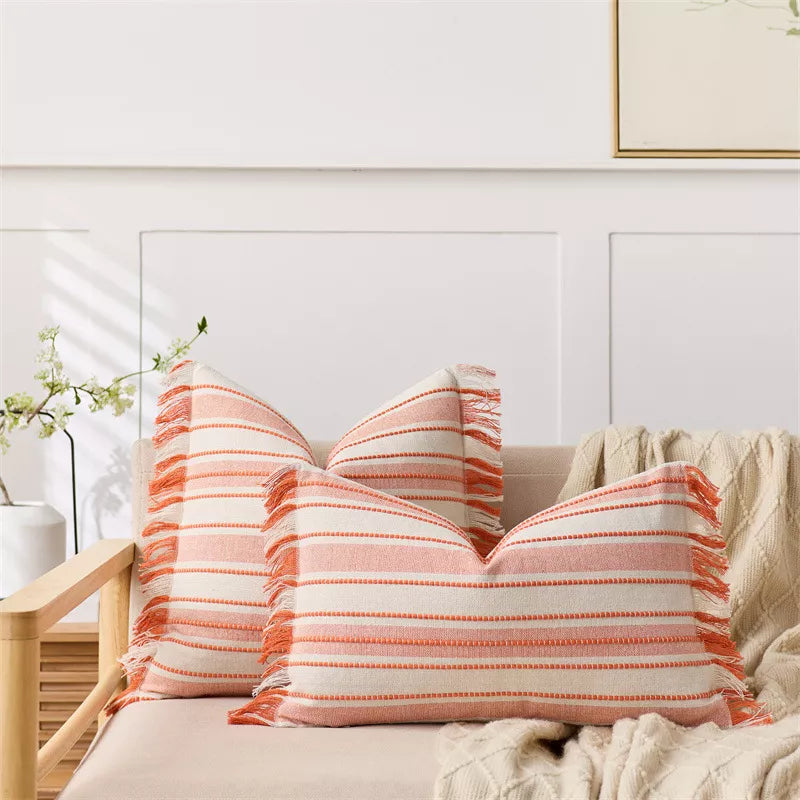 Striped Jacquard Tassel Pillow Cover – Cozy Cotton Blend Cushion for Home Décor