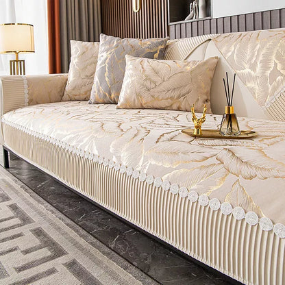 Luxury Leaf Jacquard Velvet Sofa Cover with Lace Edge