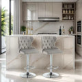 Set of 2 Adjustable Velvet Swivel Bar Stools with Nailhead Trim and Silver Footrest - DSARD