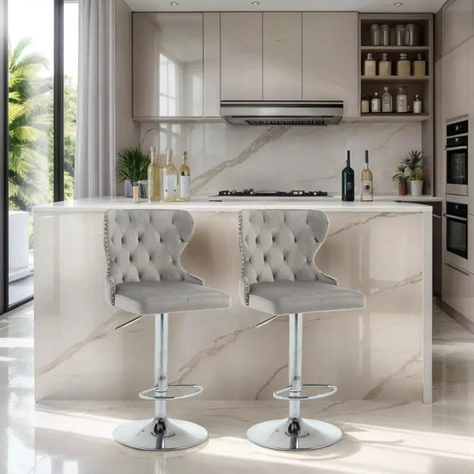 Set of 2 Adjustable Velvet Swivel Bar Stools with Nailhead Trim and Silver Footrest - DSARD