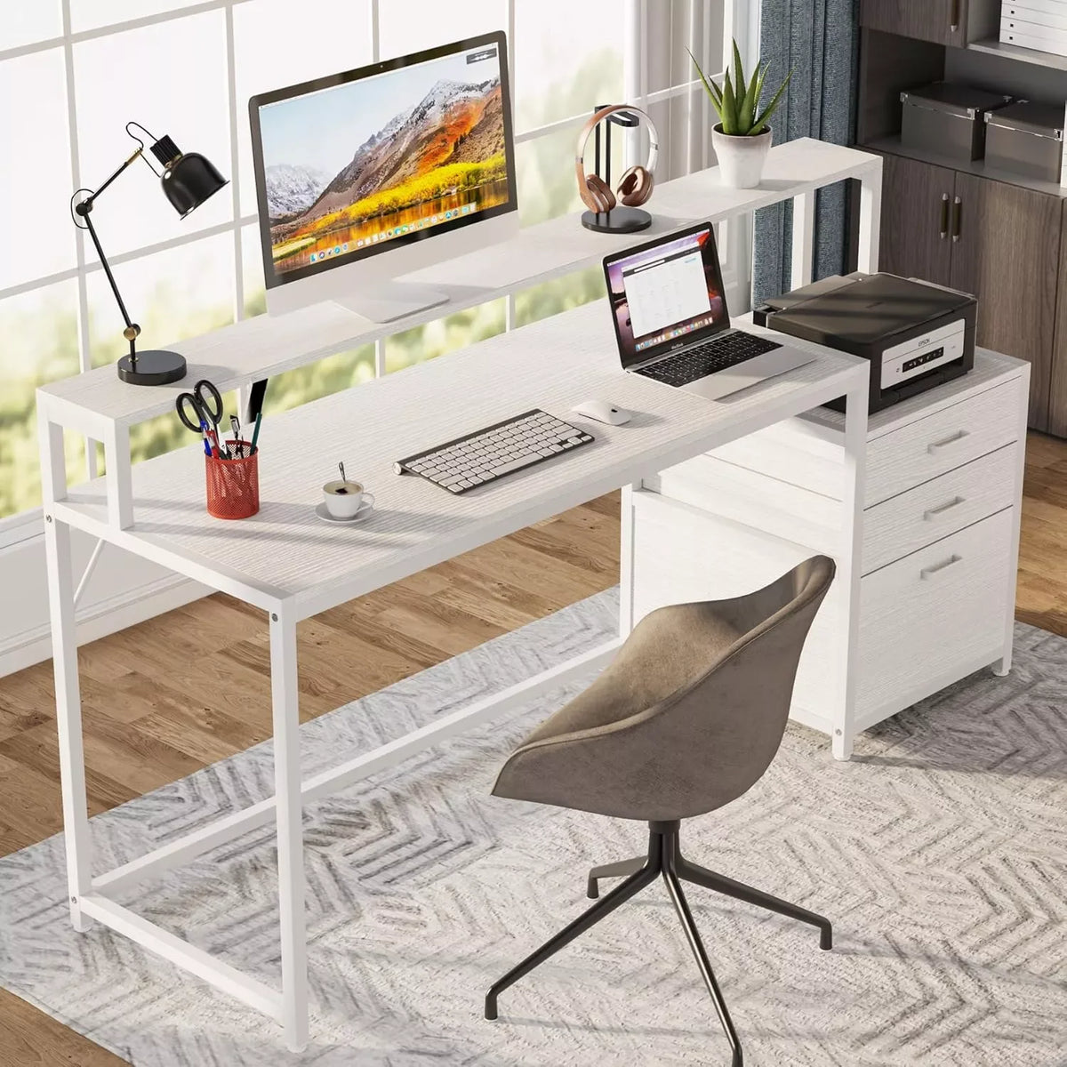 63-Inch Ergonomic Computer Desk with File Drawer and Monitor Stand - DSARD - DSARD