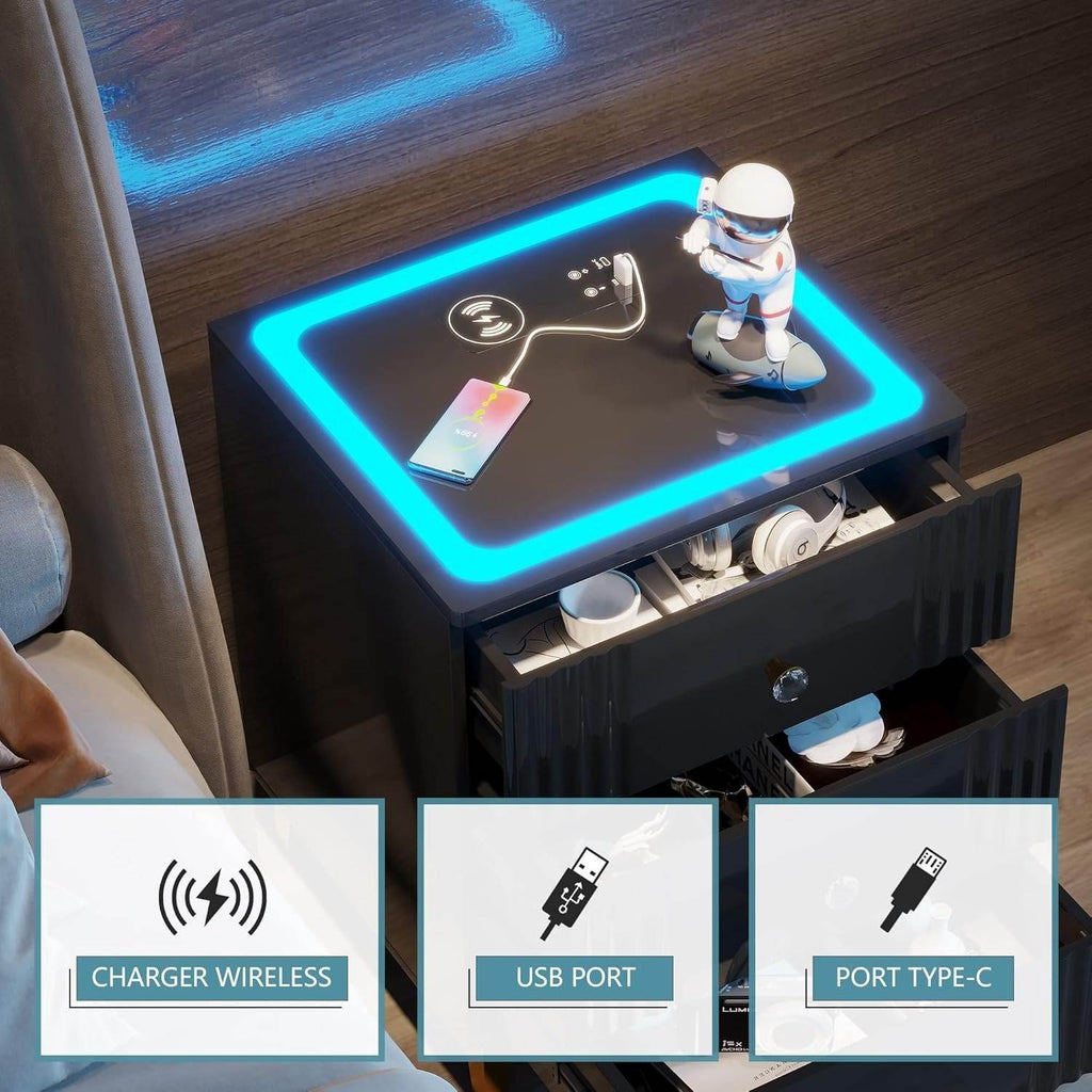 Modern black side table with LED light, wireless charger, USB, and Type-C ports, perfect for home decor.