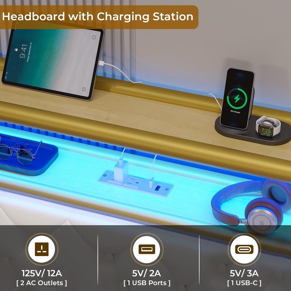 Luxurious King Size Upholstered Platform Bed with LED Headboard and Storage Features - DSARD