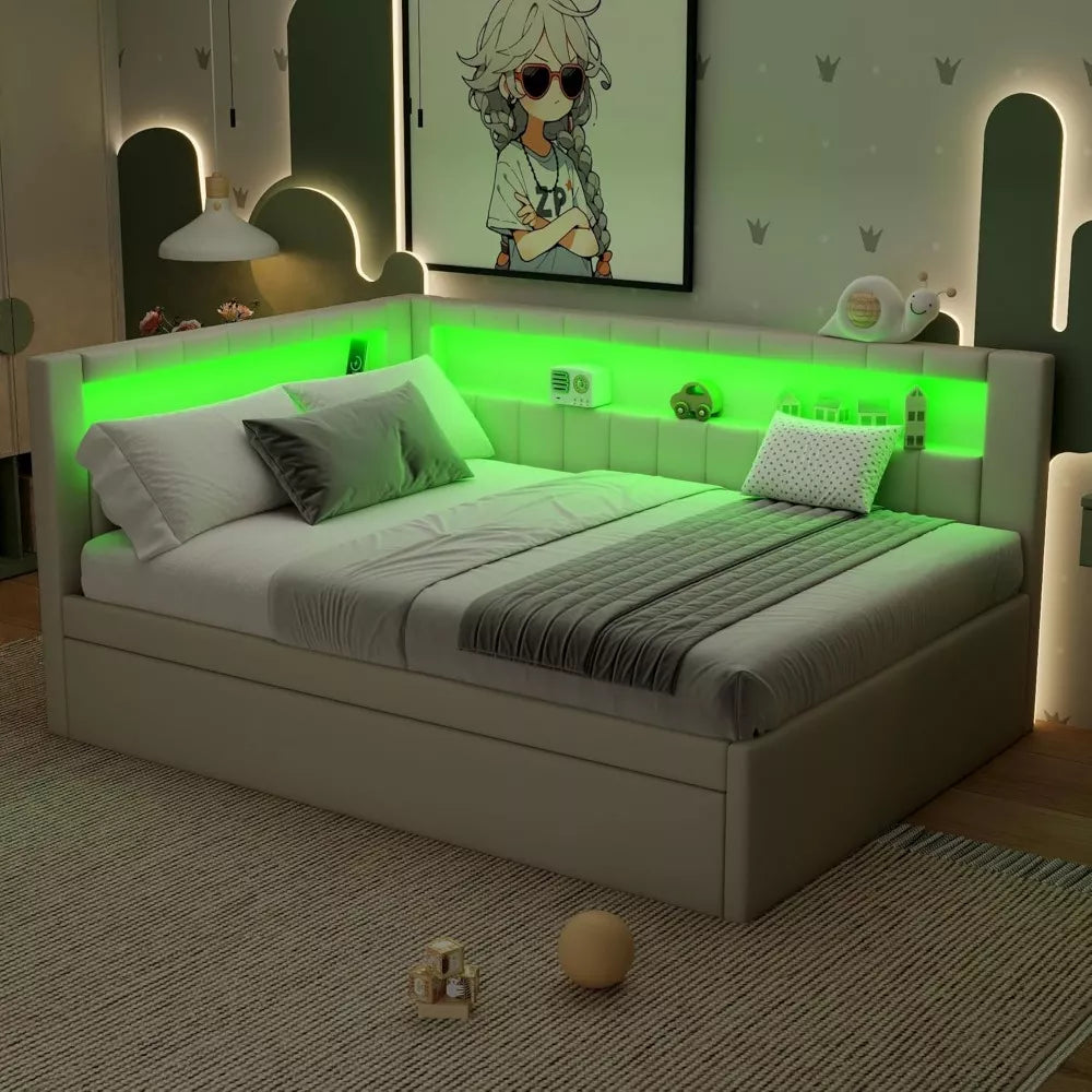 Full Size Soft Daybed with Trundle, Storage Shelves and LED Belt - DSARD