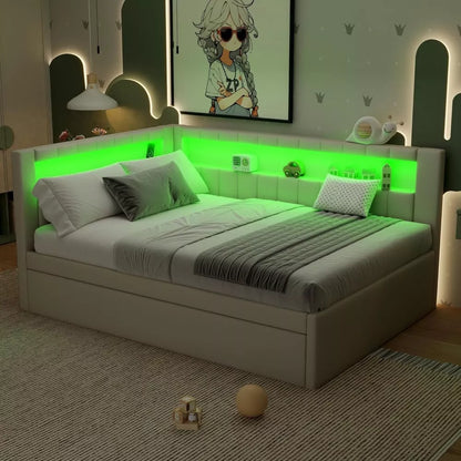 Full Size Soft Daybed with Trundle, Storage Shelves and LED Belt - DSARD