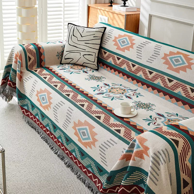 Boho Cotton Linen Sofa Cover – Versatile Ethnic Style Blanket - DSARD