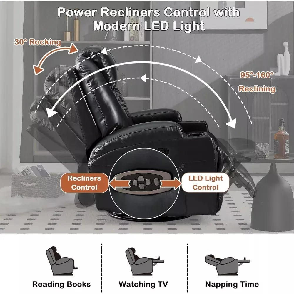 Power Swivel Rocker Recliner Chair with Heat, Massage, USB, LED & Cup Holders - DSARD