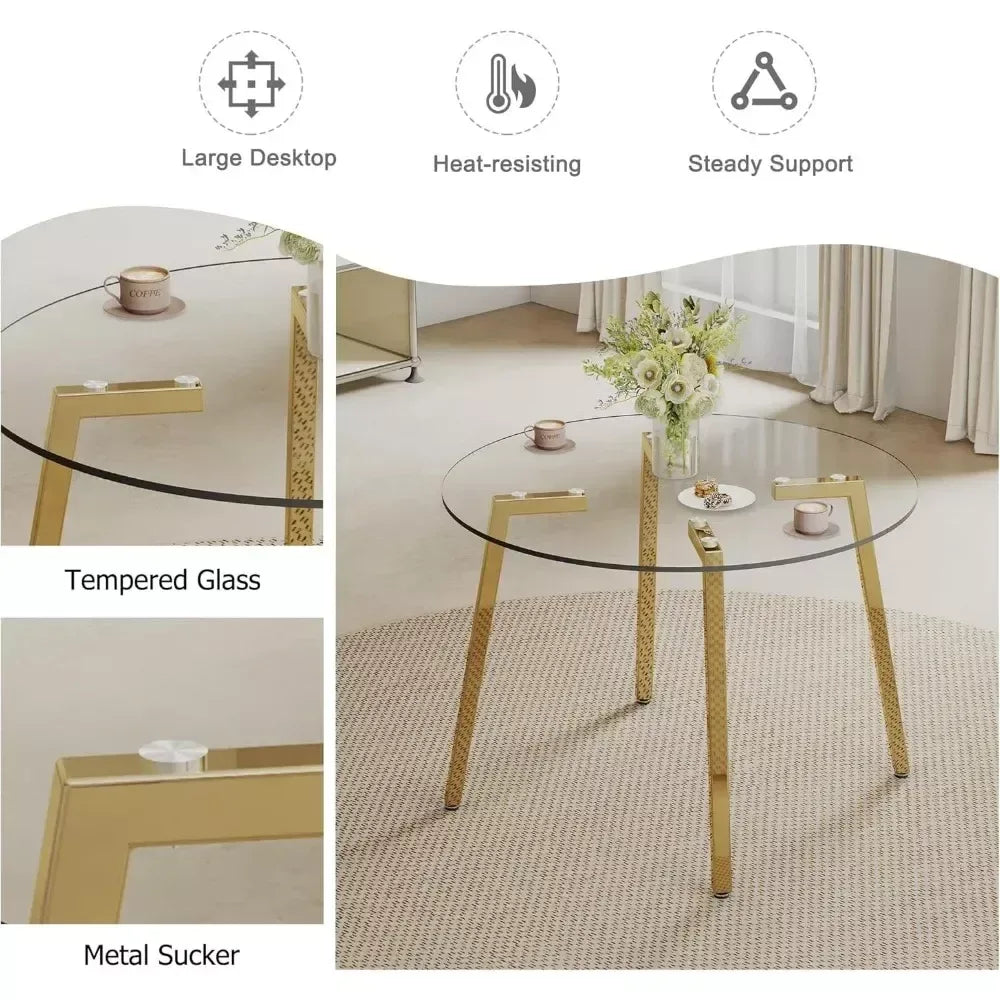 42” Round Glass Dining Table Set for 4 with Black PU Leather Chairs - DSARD - DSARD