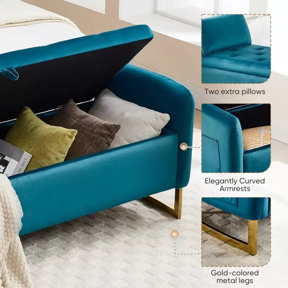 Velvet Storage Ottoman Bench with Armrests, 67″ Upholstered End of Bed Bench - DSARD