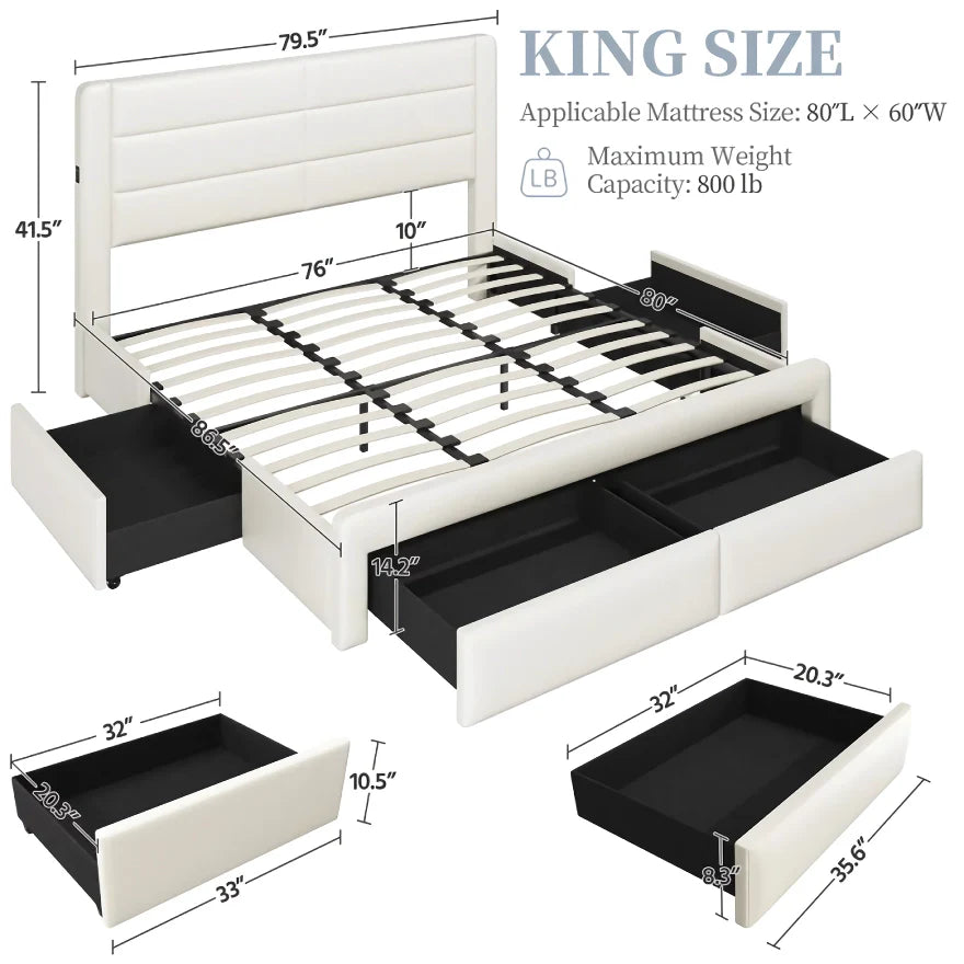 King size upholstered platform bed with USB charging in Black — modern bedroom