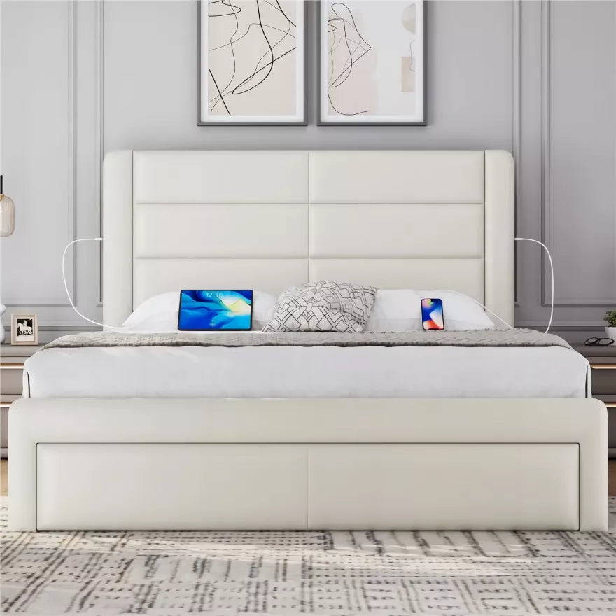 Modern upholstered platform bed with 3 storage drawers and USB charging ports — Beige, Queen