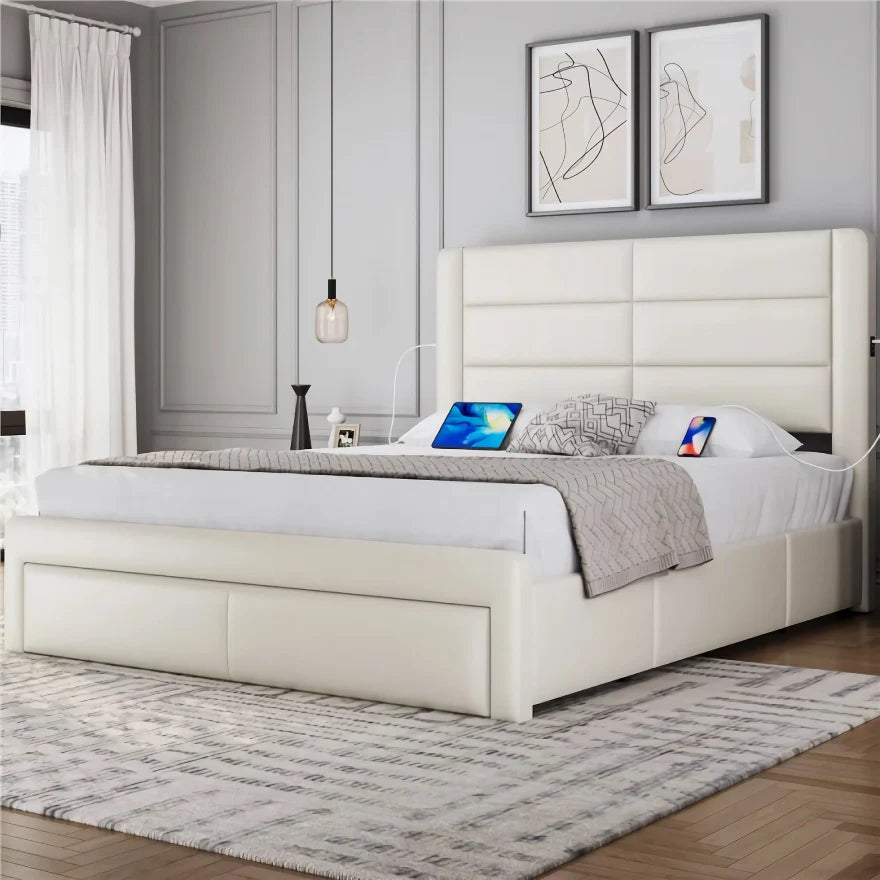 Built-in USB-A and Type-C charging ports on padded PU leather headboard