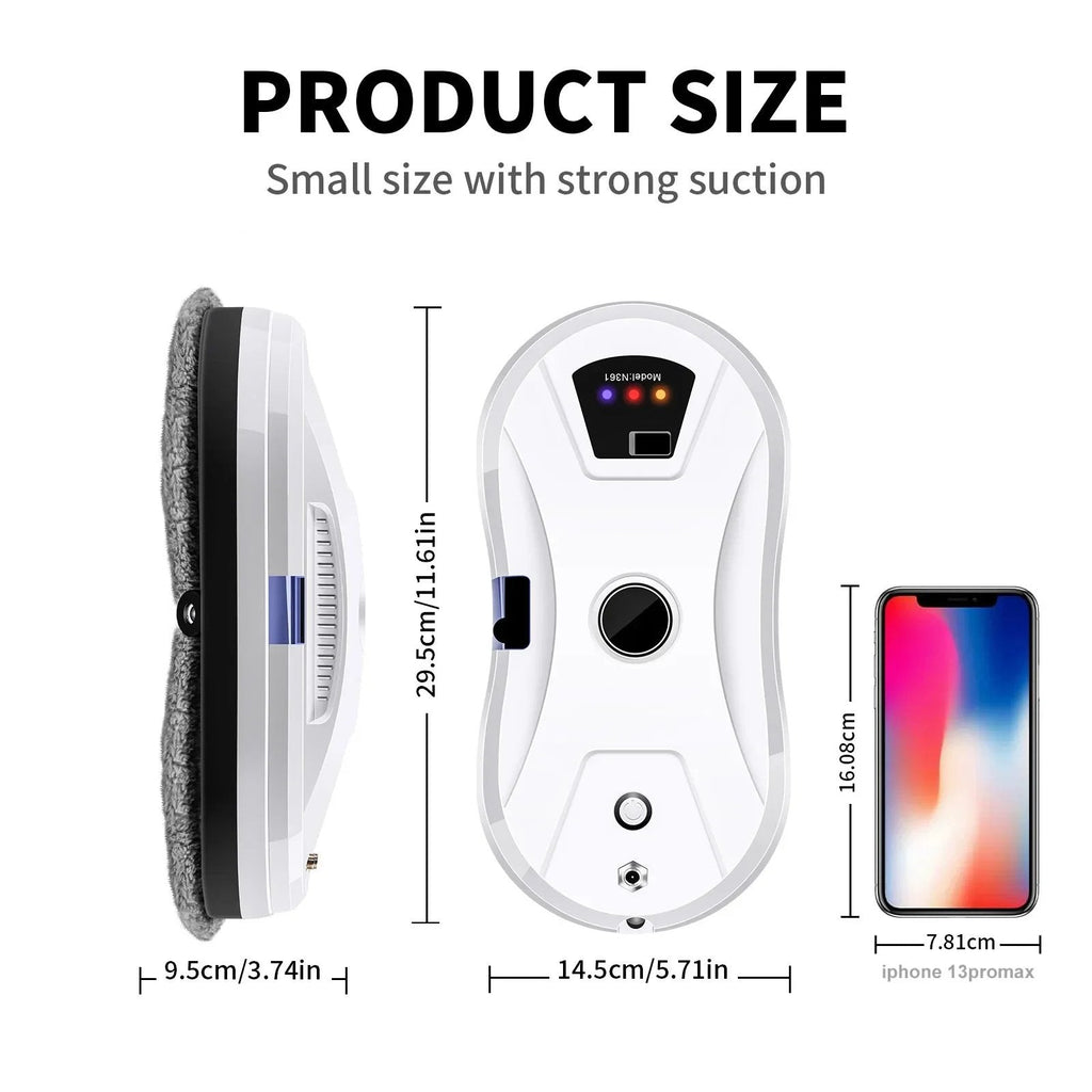 Product size comparison with a smartphone showing the small size and strong suction of the device.