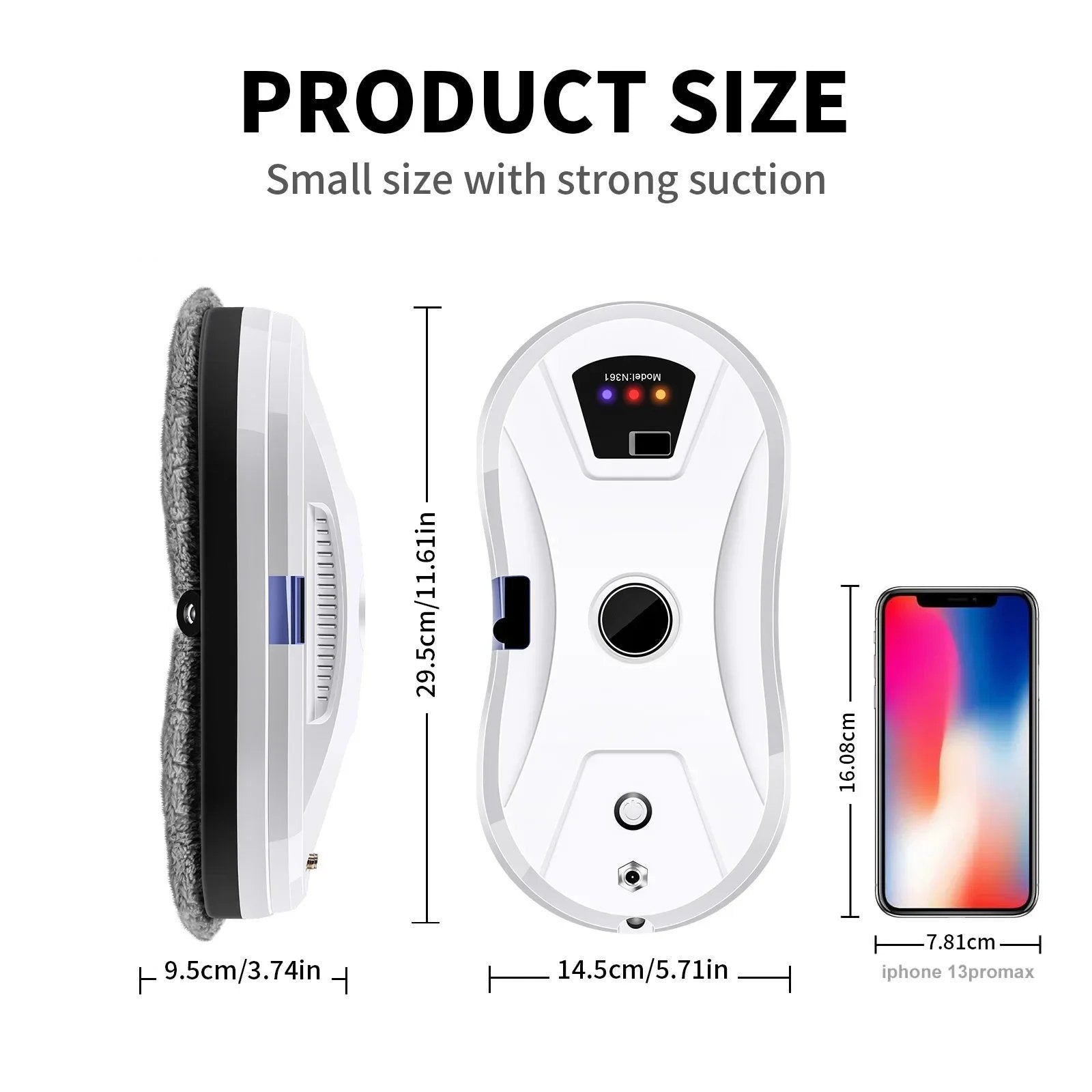 Product size comparison with a smartphone showing the small size and strong suction of the device.