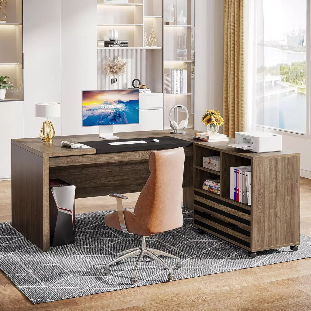 62.2″ L-Shaped Executive Desk with Mobile File Cabinet and Storage Shelves - DSARD - DSARD