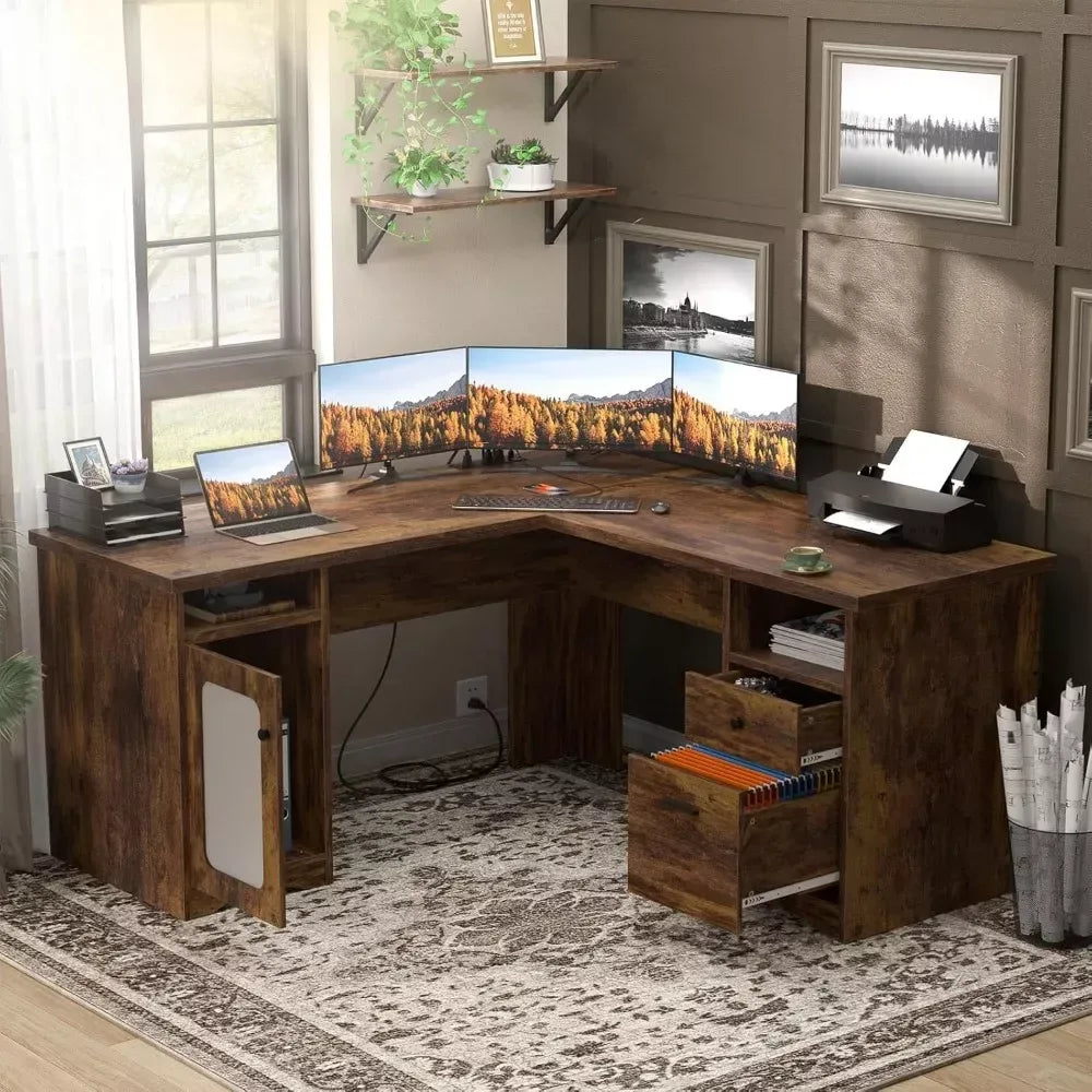 60-Inch L-Shaped Office Desk with Drawers, Power Outlet, and USB Charging Ports - DSARD