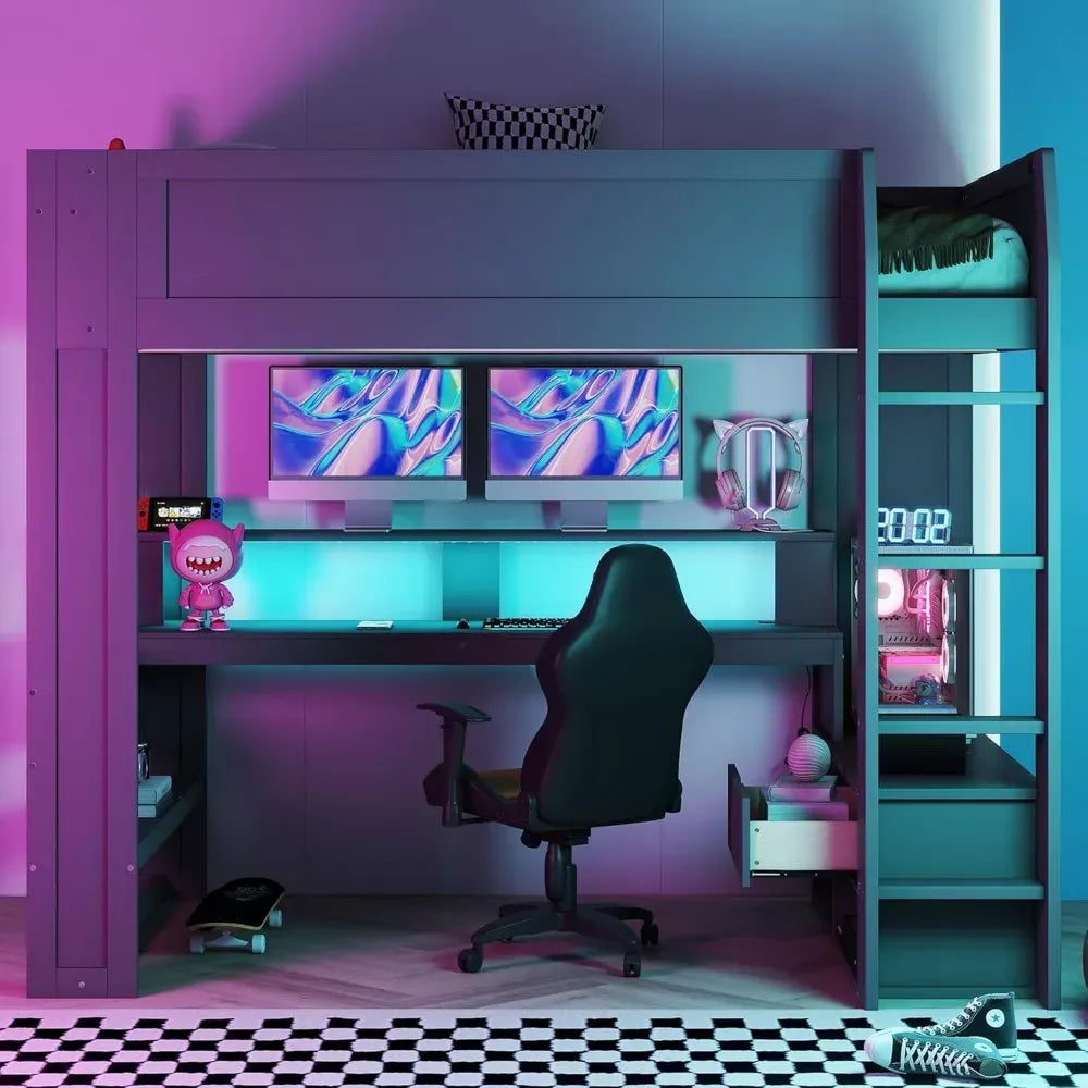 Full Size Wooden Loft Bed with Desk, Shelves, LED Lights, and Charging Station - DSARD