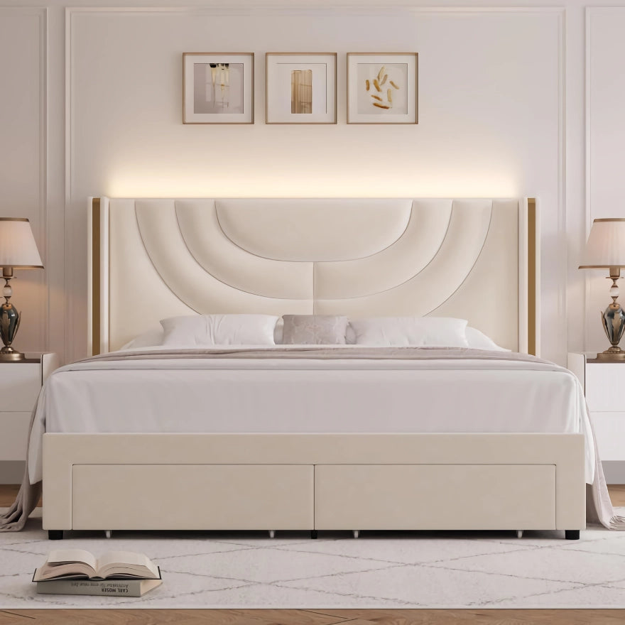 LED Bed Frame with Storage Drawers and Solid Wood Support - DSARD