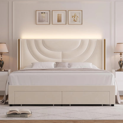 LED Bed Frame with Storage Drawers and Solid Wood Support - DSARD