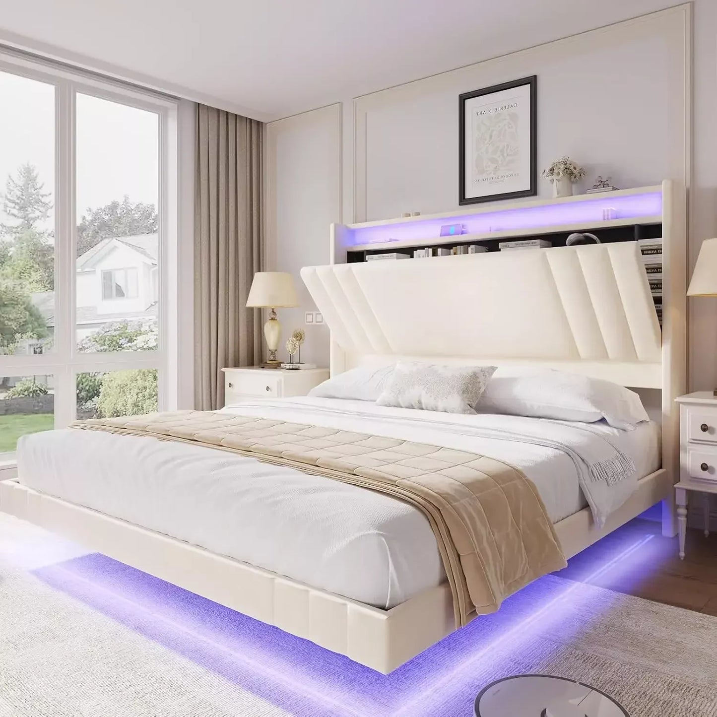 Queen Bed Frame with Storage Headboard, LED Lights & Charging Station - DSARD