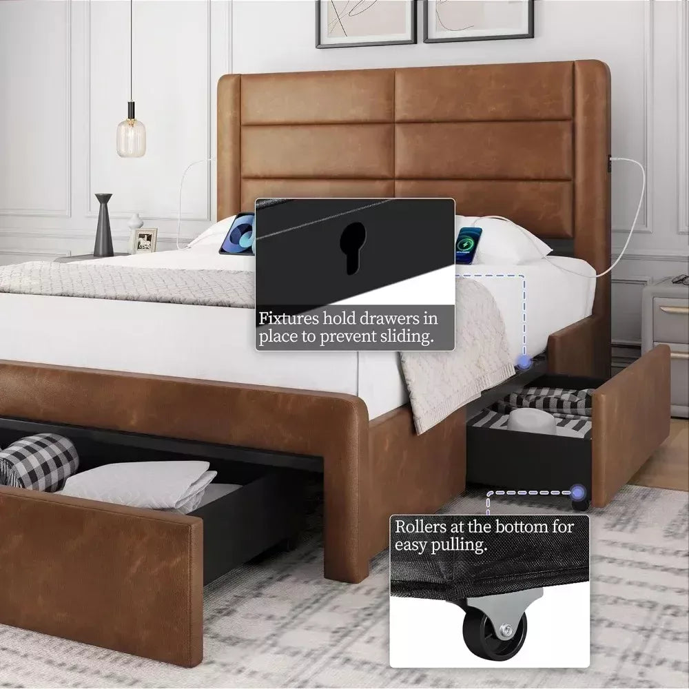 Queen Bed Frame with Storage Drawers & USB Ports, Leather Headboard, 86″x63.5″ - DSARD
