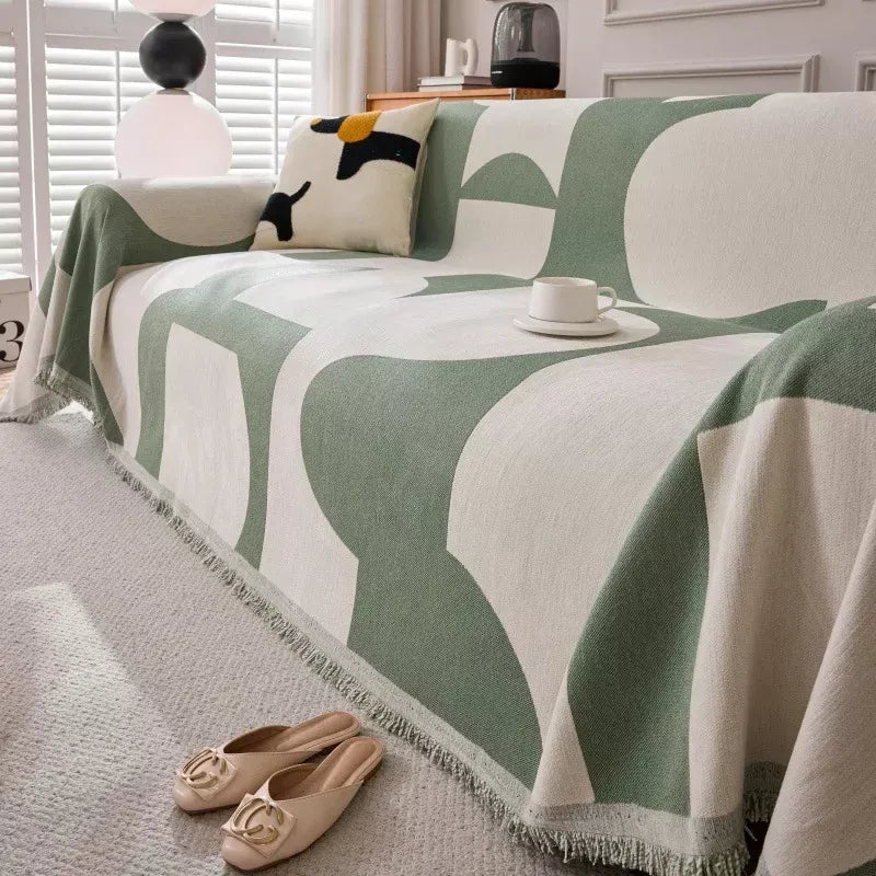 Boho Chenille Jacquard Sofa Throw with Tassels – Reversible Cozy Blanket